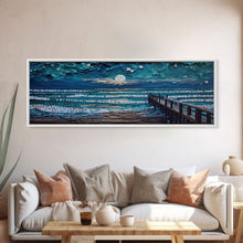 Load image into Gallery viewer, Panoramic Van Gogh Inspired Beach, Framed Canvas Print, Cool Painting, Full Moon Over Rolling Waves, Soothing Abstract Beach Decor
