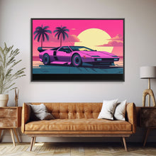 Cargar imagen en el visor de la galería, Classic sport car Wall Art, Framed Canvas Print, Guest room art, Beautiful sunset, Synthwave Style, Pink Colors, Pop Art Style, Tropical art
