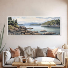 Cargar imagen en el visor de la galería, Colored Pencil Landscape Wall Art Print, Lake, Riverbank, River, Trees, Mountain, Large Canvas Art Print, Panoramic, Wall Art, Canvas Print

