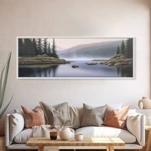 Cargar imagen en el visor de la galería, Colored Pencil Landscape Wall Art Print, Riverbank, River, Trees, Mountain, Nature Large Canvas Art Print, Panoramic, Wall Art, Canvas Print
