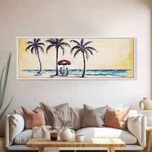 Load image into Gallery viewer, Couple In Beach Scene Art, Minimalist Beach Canvas Art Print, Palm Trees, Canvas Wall Art Beach, Panoramic, Wall Art, Canvas Print
