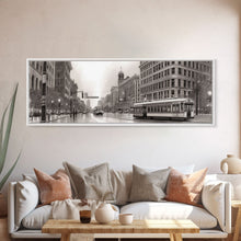 Load image into Gallery viewer, Detailed Street Sketch Canvas Print, City Wall Art, Bus, Cars, Buildings, Monochromatic Urban Art Print, Panoramic, Wall Art, Canvas Print
