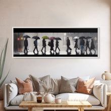 Load image into Gallery viewer, Crowd Walking With Umbrellas Canvas Print, Raining City Art, Urban Art, Large Urban Art Print, Wall Decor, Panoramic, Wall Art, Canvas Print
