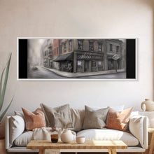 Load image into Gallery viewer, Dystopian City Canvas Print, Buildings, Man On Street, Urban Art, Large Urban Art Print, Wall Decor, Panoramic, Wall Art, Canvas Print
