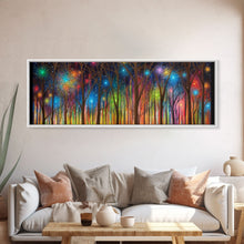 Load image into Gallery viewer, Abstract Forest Art, Woods Wall Art, Forest Art Print, Sparklers, Stars, Colorful Canvas Print, Panoramic, Wall Art, Canvas Print
