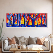 Carregar imagem no visualizador da galeria, Forest On Fire, Red Flames, Blue Trees, Abstract Forest Art, Canvas Wall Decor, Large Art Print, Panoramic, Wall Art, Canvas Print
