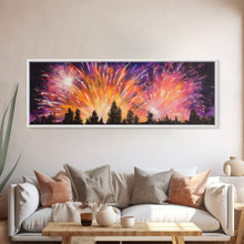 Carregar imagem no visualizador da galeria, Fireworks Over Forest Canvas Art Print, Woods, Pines Trees, Wall Decor, Framed Large Canvas Print, Panoramic, Wall Art, Canvas Print
