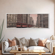 Cargar imagen en el visor de la galería, Colored Pencil Streetcar Urban Art Print, Red Train, Tram In The City, Sketch Art, City Art, Urban Print, Panoramic, Wall Art, Canvas Print
