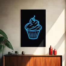 Load image into Gallery viewer, Blue Neon Lights Cupcake Wall Decor, Kitchen Wall Art, Glowing Art, Minimalist Print, Wall Decor, Canvas Print, Wall Art, Framed Canvas
