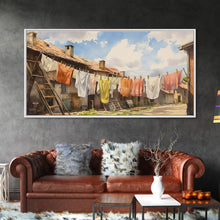 Load image into Gallery viewer, Watercolor Laundry In Village Wall Decor, Rural Wall Decor, Laundry Room, Panoramic Wall Decor, Canvas Print, Wall Art, Framed Canvas Art
