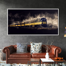 Carregar imagem no visualizador da galeria, Black Yellow Locomotive Wall Decor, Railroad Wall Decor, Railway Wall Art, Panoramic Wall Decor, Canvas Print, Wall Art, Framed Canvas Art
