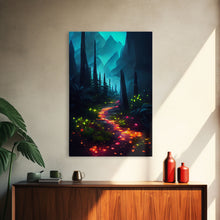 Load image into Gallery viewer, Luminescent magical forest canvas print, glowing trail though the trees, fantasy art
