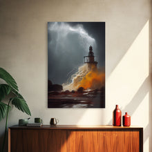 Load image into Gallery viewer, Lighthouse Oil Painting Canvas Print, Light house landscape print, Lighthouse in a storm with lightning and thunder, waves crashing
