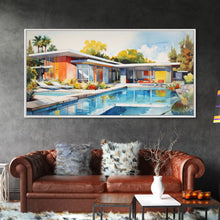 Load image into Gallery viewer, Architecture Art, Midcentury Modern, House Portrait, Watercolor House, Panoramic Art, Wall Art, Canvas Art, Landscape Art, Realtor Gift
