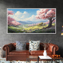 Cargar imagen en el visor de la galería, Cherry Blossom Art, Mountains Wall Art, Spring Art, Panoramic Art, Wall Art, Canvas Art, Landscape Art, Teacher Gift, Family Room Art

