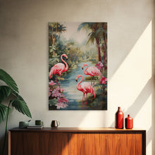 Cargar imagen en el visor de la galería, Flamingo Art Print, Tropical Wall Art, Palm Trees, Canvas Print, Wall Art, Vertical Print, Modern House Art, Gift For Boss, Bedroom Prints
