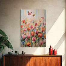 Load image into Gallery viewer, Tulip Field Wall Art, Flower Wall Print, Colorful Art, Butterfly Art, Canvas Print, Wall Art, Vertical Print, Birthday Gift, House Wall Art

