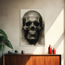Cargar imagen en el visor de la galería, Charcoal Drawing, Gothic Art Print, Human Skull Decor, Canvas Print, Wall Art, Vertical Art, Entryway Prints, Wall Hanging, Birthday Gift
