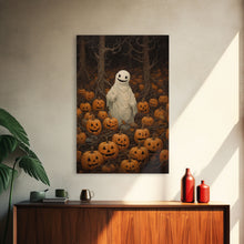 Carregar imagem no visualizador da galeria, Fall Omens - Spooky Ghost In A Pumpkin Patch, Halloween Decor, Fall Art, Framed Canvas Print, Spooky Halloween Decor
