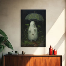 Carregar imagem no visualizador da galeria, Ghost Holding an Umbrella In The Rain, Vintage Halloween Canvas Print, Framed Canvas, Halloween Wall Art, Dark Academia, Spooky Haunted
