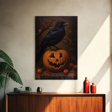 Load image into Gallery viewer, Crow Atop A Jack O Lantern, Framed Canvas Print, Halloween Decor, Raven Painting, Victorian Oil Painting Print, Macabre Horror Print
