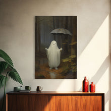 Load image into Gallery viewer, Goofy Ghost In The Rain,  Vintage Halloween Canvas, Framed Canvas Print, Cute Wall Art, Who's Haunting Who?

