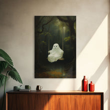 Load image into Gallery viewer, Cute Little Boo Playground Ghost, Funny Halloween, Vintage Halloween Canvas, Framed Canvas Print, Cute Wall Art, Ghost On A Swing, Macabre
