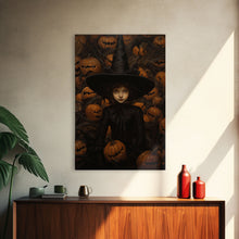 Load image into Gallery viewer, Gothic Witch Art, Framed Halloween Canvas, Canvas Print, Spooky Halloween Wall Art, Halloween Decoration, Witchy Decor Pumpkin Patch Witch
