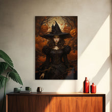 Load image into Gallery viewer, Beautiful Gothic Witch Art, Framed Halloween Canvas, Canvas Print, Spooky Halloween Wall Art, Halloween Deco, Witchy Art Pumpkin Patch Witch
