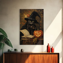 Carregar imagem no visualizador da galeria, Cute Witch Cat Reading Her Book Of Spells, Vintage Halloween Art, Framed Canvas Print, Halloween Canvas Art, Witchcraft
