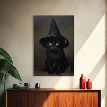 Carregar imagem no visualizador da galeria, Cute Witch&#39;s Familiar Cat Halloween Art, Cat Witch, Cat Painting, Cute Cat Print, Halloween Decor, Black Cat Print, Framed Canvas / Canvas
