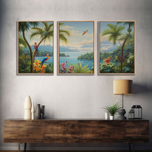 Load image into Gallery viewer, Palm Tree Art, Tropical Wall Art, Macaw, Landscape Art Print, Canvas Print, Wall Art, 3 Piece Wall Art, Retirement Gifts, Apartment Wall Art
