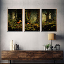 Carregar imagem no visualizador da galeria, Forest Wall Art, Mushroom Art Print, Trees Art, Canvas Print, Wall Art, 3 Piece Wall Art, Modern Home Decor, Above Bed Art, Indie Room Decor
