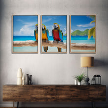 Cargar imagen en el visor de la galería, Parrot Wall Art, Tropical Wall Art, Beach Art Print, Seascape Print, Canvas Print, Wall Art, 3 Piece Wall Art, Apartment Wall Decor
