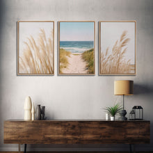 Load image into Gallery viewer, Framed Beach Photography Prints, 3 Piece Set, Minimalist Boho Beach Decor, Beach House Art, Rustic Decor, 3 Panel Art Prints
