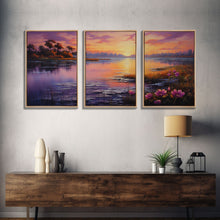 Carregar imagem no visualizador da galeria, Beautiful 3 Piece Wall Art, Framed Canvas Print, 3 Piece Set, Lake House Decor, Sunset Over The Purple Marsh, Above Sofa Art
