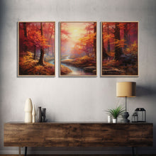 Carregar imagem no visualizador da galeria, Beautiful Fall Centerpiece Art, Framed Canvas Print, 3 Piece Art, Thanksgiving Centerpiece, Above Sofa Art, Fall Finds, Landscape Painting
