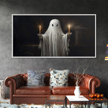 Cargar imagen en el visor de la galería, Cute Ghost Holding Candles, Framed Canvas Print, Dark Academia Wall Art, Victorian Oil Painting Style Halloween Wall Art, Ghost Print
