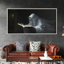 Load image into Gallery viewer, The Reading Ghost, Framed Canvas Print, Victorian Oil Painting Style, Spooky Halloween Decor, Goth Art
