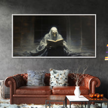 Load image into Gallery viewer, Grim Reaper Reading A Book In A Haunted Library, Framed Canvas Print, Victorian Oil Painting Style, Spooky Halloween Decor, Goth Art
