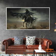 Load image into Gallery viewer, Ghost Cowboy Art, Framed Canvas Print, Halloween art, spooky decor, cowboy art, western decor, grim reaper on a horse in the desert
