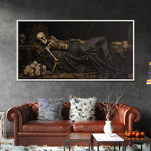 Load image into Gallery viewer, Eternal Slumber, Framed Canvas Print, Creepy Victorian Oil Painting, Halloween Art Prints, The Sleeping Skeleton Painting
