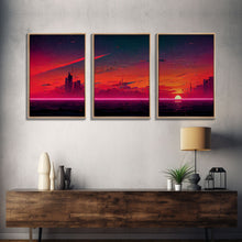 Load image into Gallery viewer, Cyber punk City At Sunset, Outrun, 3 Piece Wall Art, Ready To Hang Canvas Print, Cool Unique Mancave wall Art Decor
