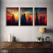 Load image into Gallery viewer, Cyberpunk City At Sunset, Futuristic, 3 Piece Wall Art, Ready To Hang Canvas Print, Cool Living Room Wall Art Decor

