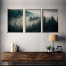 Load image into Gallery viewer, 3 piece Misty forest Fog wall art Foggy forest Farmhouse decor Foggy landscape Forest canvas print Multi panel canvas Trendy wall decor

