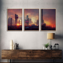 Load image into Gallery viewer, Cyberpunk City, Night City Watercolor, Videogame Concept Art, Watercolor Of a Cyberpunk City 3 Piece Wall Art, Ready To Hang Canvas Print
