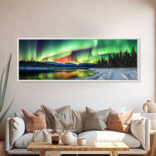 Carregar imagem no visualizador da galeria, Aurora Borealis, Northern Lights Panoramic Framed Canvas Print, Beautiful Winter Wonderland Landscape Painting
