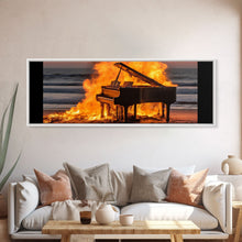 Carregar imagem no visualizador da galeria, Burning Piano On The Beach, Surreal Art, Framed Canvas Print, Panoramic Wall Art
