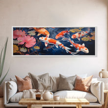 Load image into Gallery viewer, The Koi Pond Framed Canvas Print, Koi Fish Decor, Koi Fish Garden Wall Art, Koi Fish and Lilly Pads
