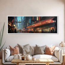 Carregar imagem no visualizador da galeria, Futuristic Cyberpunk City, Framed Canvas Print, Dystopian Art, Metropolis Painting, Unique Office Decor
